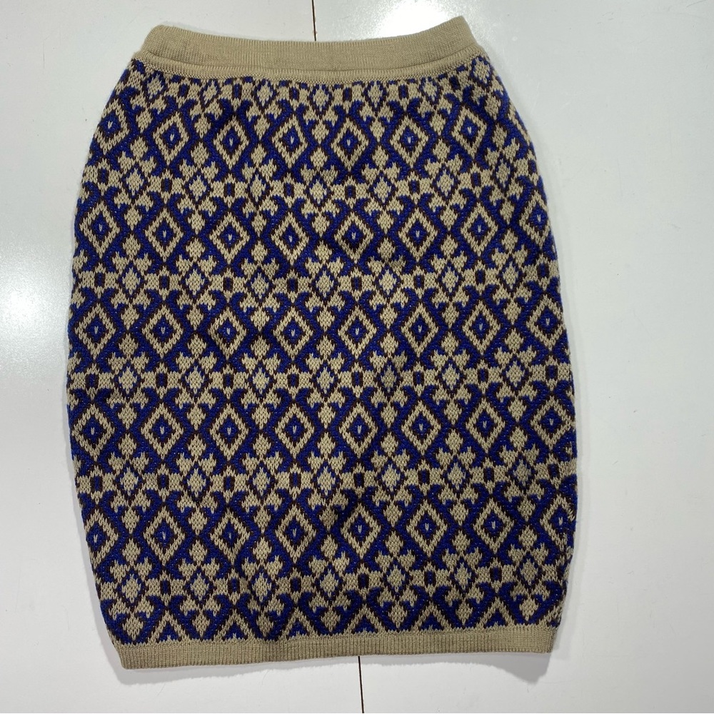 Benelton Beige & Blue Print Chunky Knit Wool Blend Vintage Woman’s‎ Pencil Skirt